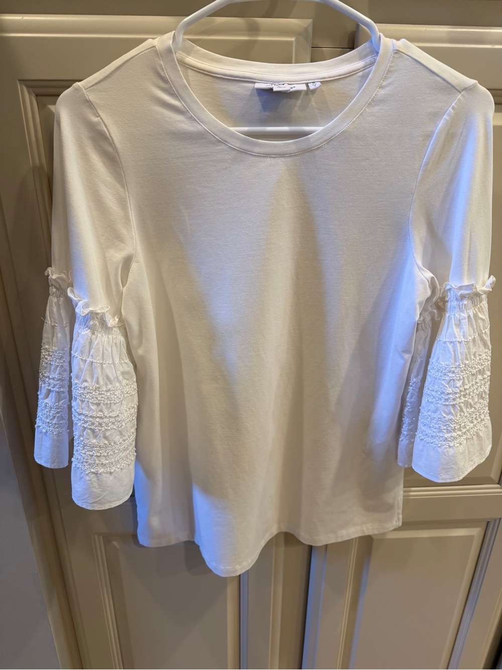 Chico’s White Bell Flutter 3/4 Sleeve Top with Lacy Detail